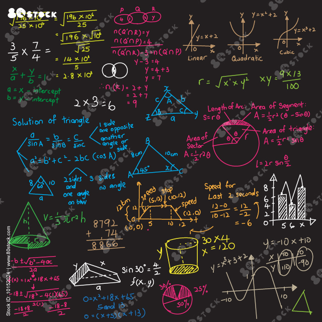 Geometric Formulas, Educational physics vector seamless pattern with handwritten physical formulas, plots, calculations, background.