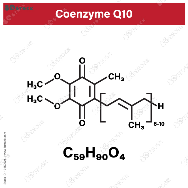 Coenzyme Q10 or ubiquinone chemical formula. Coenzyme Q10 (ubiquinone, ubidecarenone, CoQ10) molecule, chemical structure. Plays an essential role in the production of cellular energy; has antioxidant