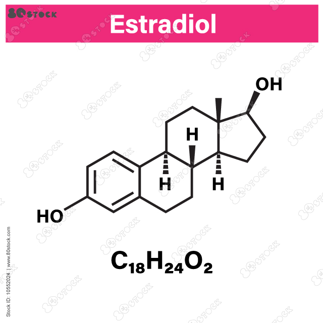 Estradiol hormones molecular formula. female Sex hormone symbol isolated on a white background. Chemical structural formula and model