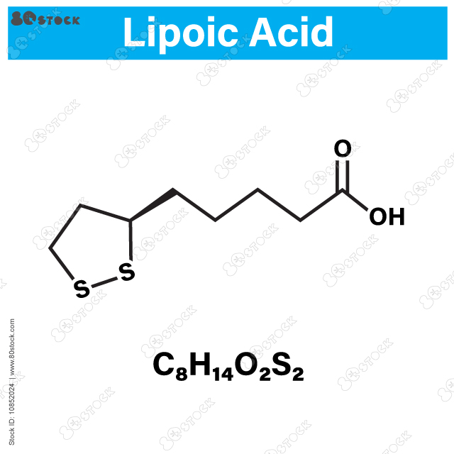 Lipoic acid enzyme cofactor molecule. Anti-oxidant, anti-aging and weight-loss effects. Skeletal formula.