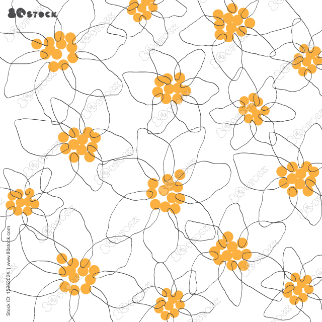 Japanese style seamless floral pattern. Yellow flowers on white background. Vector illustration. Design for fabric, textile, paper. Freehand ink brush doodle background for women fashion print.