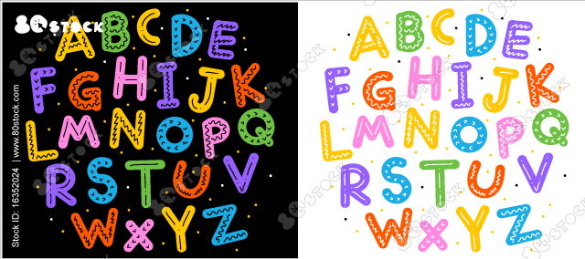 Playful style font design, colorful childish alphabet, letters and numbers vector illustration