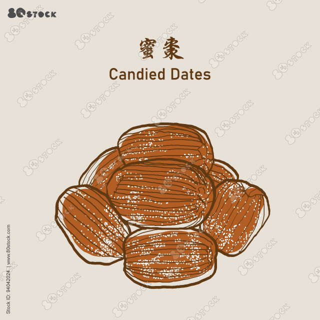 Dry Candied dates, Dried Sweet Honey Candied Preserved Dates, Golden Thread Preserved Dates 蜜棗. Vector EPS 10